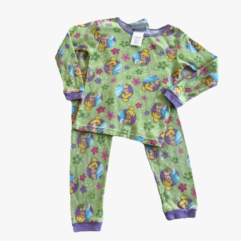 Vintage Y2K Girl's Disney Fairies Tinker Bell Thermal Pajama 2 Piece Set Sz 6